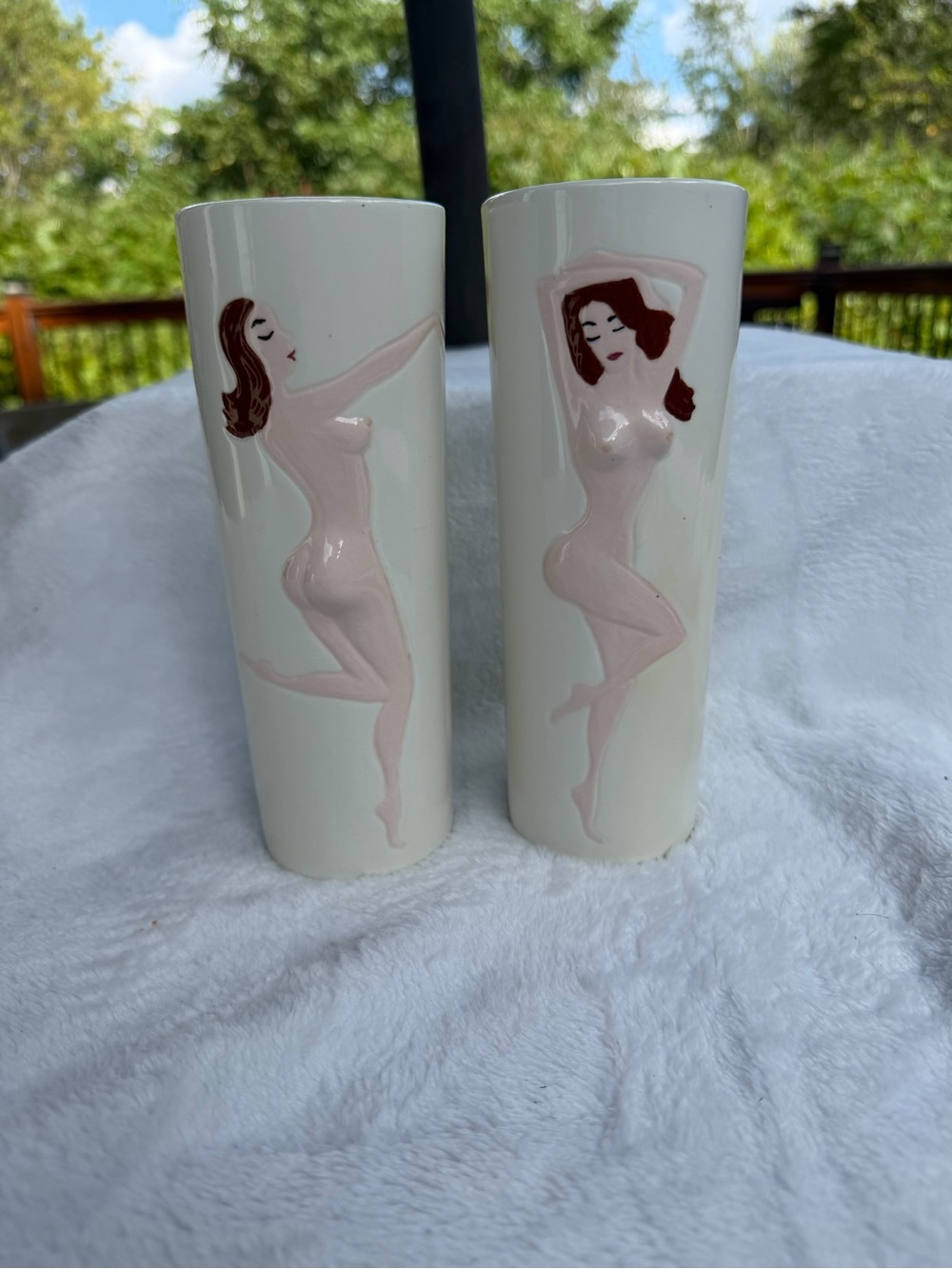 Vintage MCM Ceramic Nude Woman Tumbler Glasses Set of 2 Cheeky Pinup